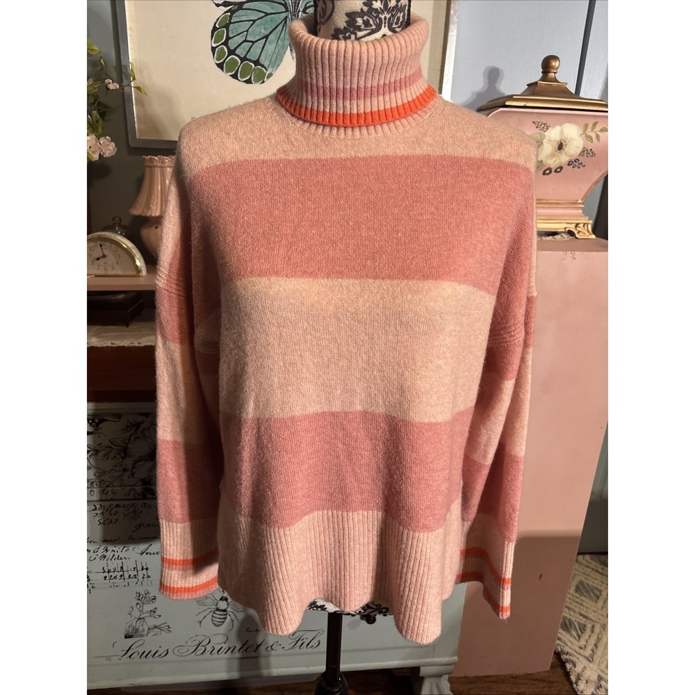 J. Crew Striped Turtleneck Sweater in Supersoft Yarn Pale Pink. Wool Blend. Sz S